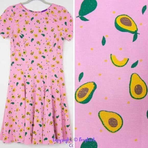 Unique Vintage Gwynnie Bee Avocado summer fruit Pink Fit-And-Flare‎ Dress, M - Picture 2 of 16